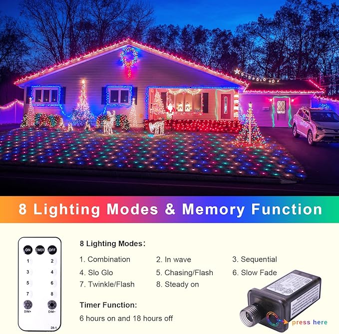 Net Lights Outdoor Mesh Lights, 360 LED Christmas Net Lights Plug in with Remote, 12x5 ft Extendable 8 Modes Net Lights Waterproof with Green Wire for Bushes Gazebo Lawn Patio Garden Tree (Multicolor)