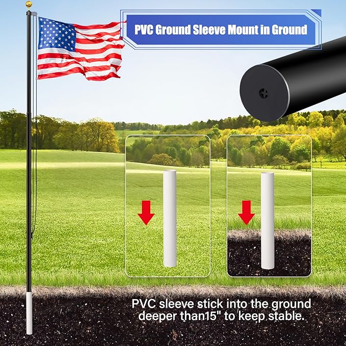 Flag Pole for Outside in Ground, 20FT Sectional Extra Thick Flagpole Kit, Heavy Duty Aluminum Outdoor Flag Poles with 3x5 American Flag for Yard, Garden, Residential or Commercial, Black