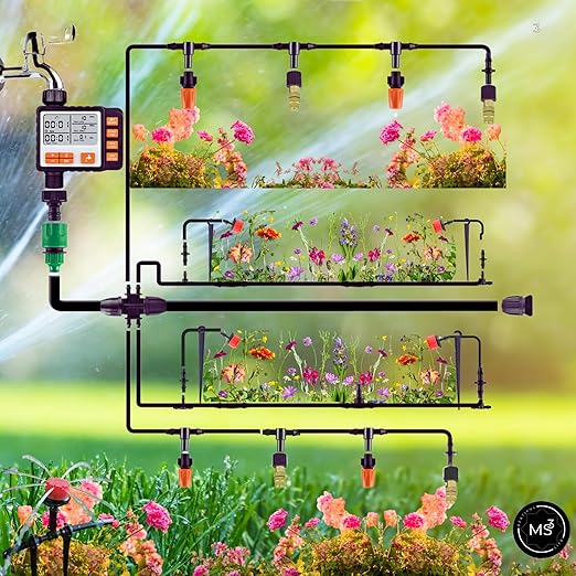 Drip Irrigation System Kit with Timer, Metal Mist, Plastic Mist Nozzle, Red Dripper, 1/4 (65.6 feet) and 5/16 Tube (32.8 feet),Automatic Watering System, Garden Watering System with Timer, Greenhouse