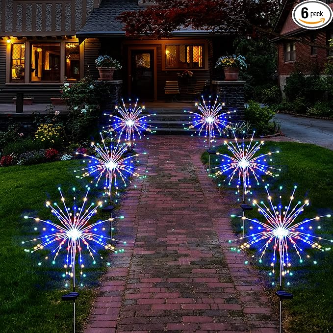 Solar Garden Firework Lights Outdoor Waterproof 6 Pack, 120 LED Sparklers, Colorful, for Patio, Backyard, Sidewalk, Christmas, Parties