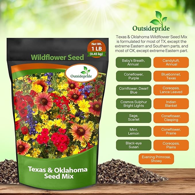 Outsidepride Texas & Oklahoma Wildflower Seed Mix - 1 lb. Drought-Tolerant, Blend of Annual & Perennial Flower Seeds for Vibrant, Pollinator-Friendly Gardens, Thrives in Full Sun & Well-Drained Soil