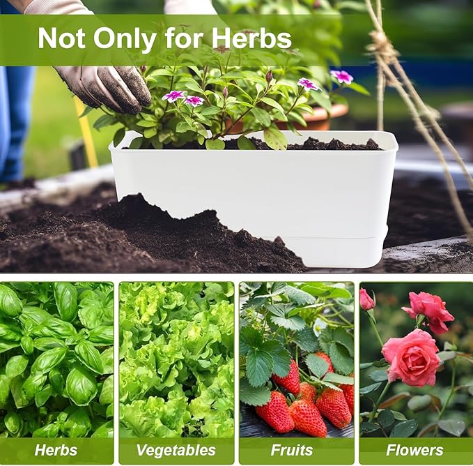 Herb Garden Planter Indoor Kit Self Watering Pots for Indoor/Outdoor Plants 2 Packs Windowsill Plant Pots with Drainage and Tray, Window Pot for Indoor Plants