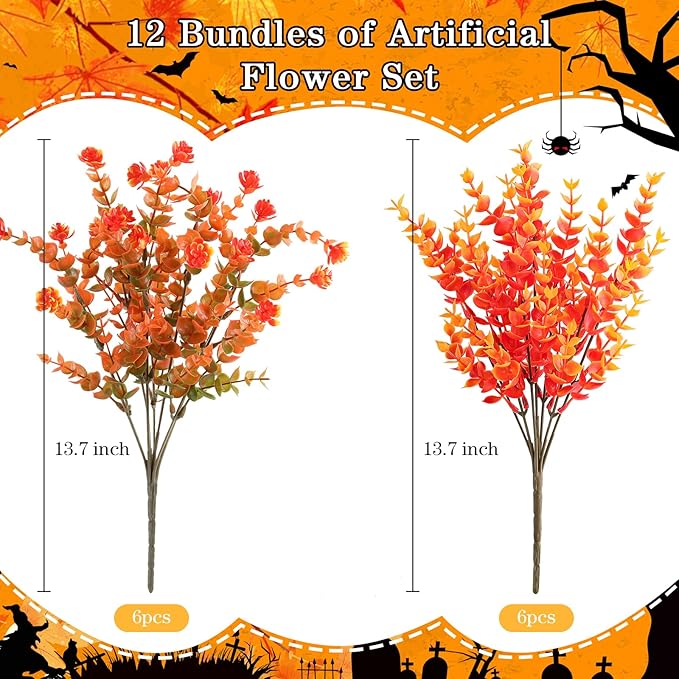 12 Bundles Artificial Fall Flowers Outdoor,No Fade Fake Plastic Flowers,Faux Autumn Plants for Thanksgiving Xmas Decor,Hanging Planters Indoor Outside Garden Porch Window Box Home Wedding