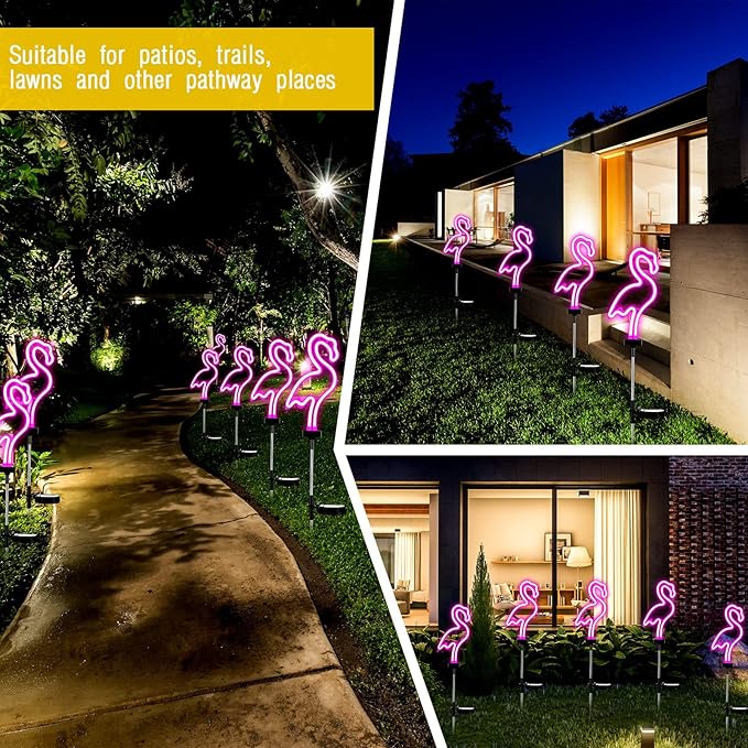 Hortsun Flamingo Solar Lights Outdoor Neon Light Yard Pink Flamingo Waterproof Decorations for Garden Patio Yard Pathway Decoration(2 Pack)