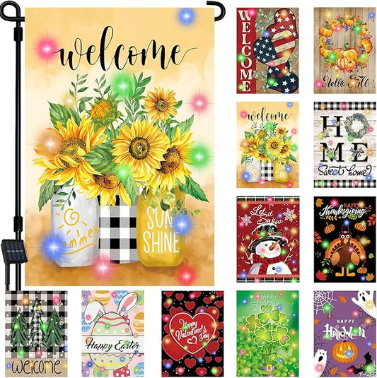 Lighted Seasonal Garden Flags Set of 12 Double Sided 12 x 18 Inch LED Yard Flags, Small Flags for Outside, Fall Winter Halloween Christmas Outdoor Flags,Solar Holiday Garden Flags for All Seasons