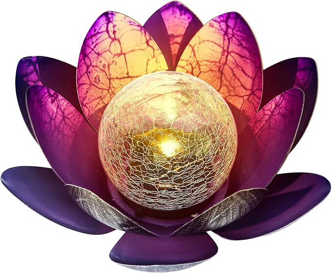 WNP Solar Powered Outdoor Decorative Lights Waterproof Lotus Flower with Crackle Glass Globe and Metal Base for Garden Patio Pathway Yard Tabletop Decor,Birthday Gift for Mom Sister Grandma