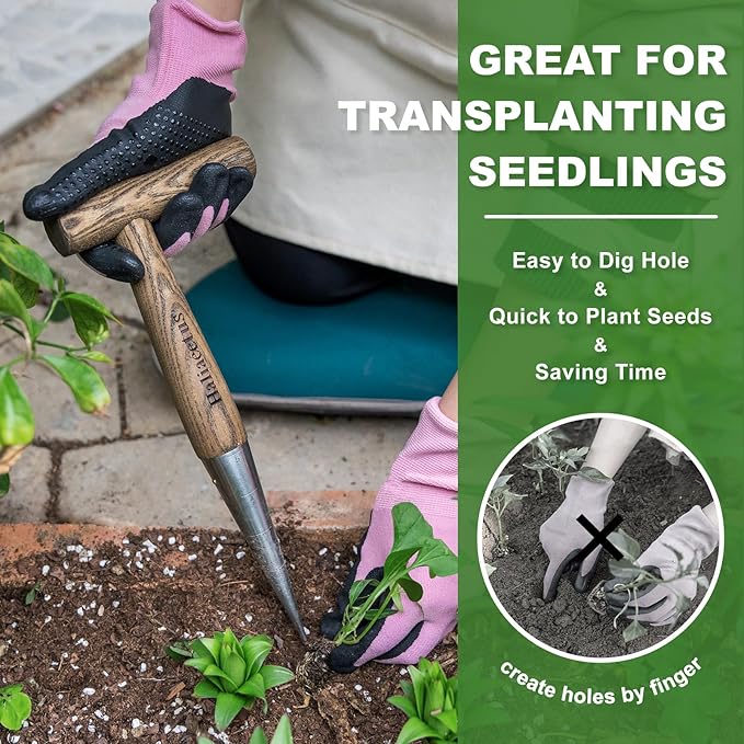 2024 New Upgrade Hand Dibber with 5 inches Measuring Scale, Easy to Grip L-Shaped Wood Handle Dibbler, Stamped Stainless Steel Tip Seed Dibber, 11.3'' Dibber for Sowing Seeds and Planting Seedlings