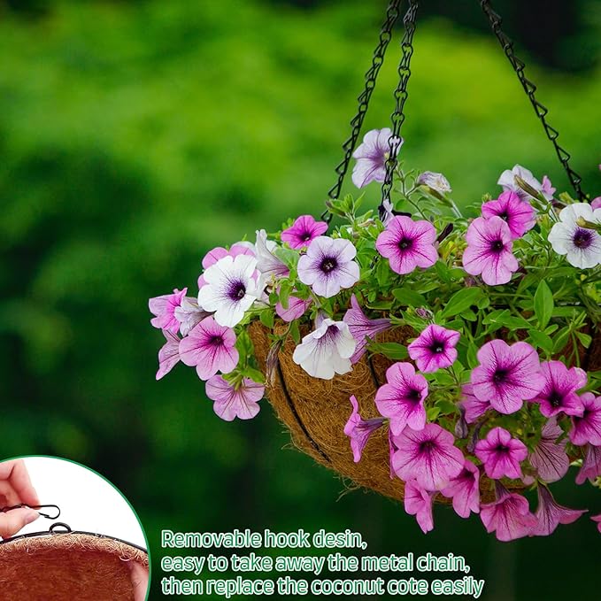 ZeeDix 3 Pack 12 Inch Metal Round Hanging Planter Basket with Coconut Liners Replacement, Hanging planters Baskets with Natural Coco Liner for Outdoor Indoor Planters Flowers Vegetables