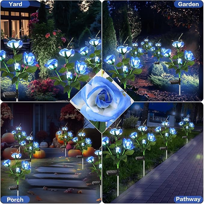 Solar Garden Lights Outdoor, 6 Pack Solar Flower Lights Outdoor Waterproof with 24 Rose, 2 Modes Realistic Rose Flower for Yard, Pathway, Garden Decor & Gardening Gift