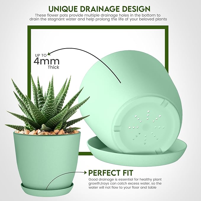 Utopia Home - Plant Pots Indoor with Drainage - 7/6.6/6/5.3/4.8 Inches Home Decor Flower Pots for Indoor Planter - Pack of 5 Plastic Planters for Indoor Plants, Cactus, Succulents Pot - Mint
