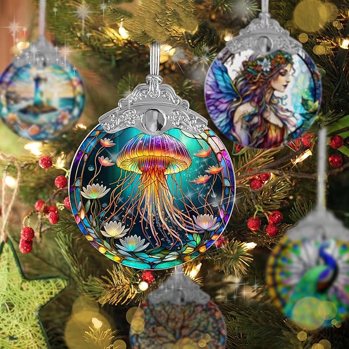 Stained Glass Suncatcher, Jocidea Jellyfish Ornament, Christmas Ornaments, Holidays Ornaments, Christmas Tree Decor, Jellyfish Decor for Home, Jellyfish Gifts