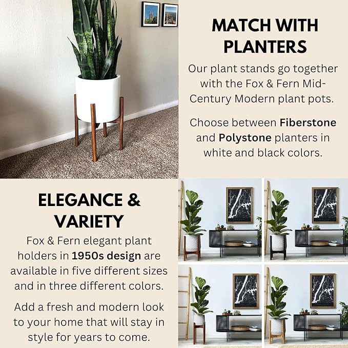 Fox & Fern Adjustable Plant Stand Indoor — 8 to 12 Inch Mid Century Bamboo Plant Stand with Adjustable Width; Plug In Design; Easy to Assemble; Two Height Options - For 8, 9, 10, 11 & 12 Inch Pots