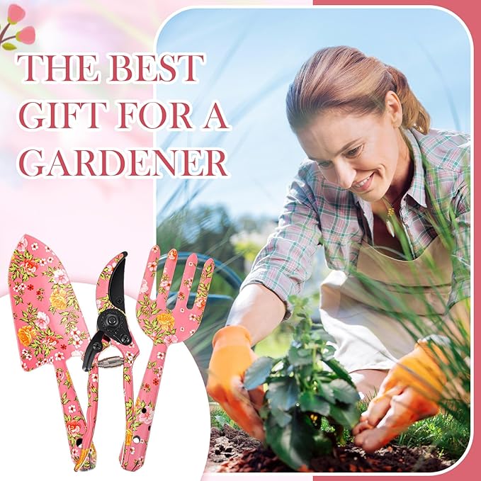 3 Pcs Pink Floral Gardening Tools Set Flower Garden Tool Set for Outdoor, Gardening Kit for Women Garden Hand Tools Set with Pruner, Trowel, Rake, Christmas Gardening Gifts for Women