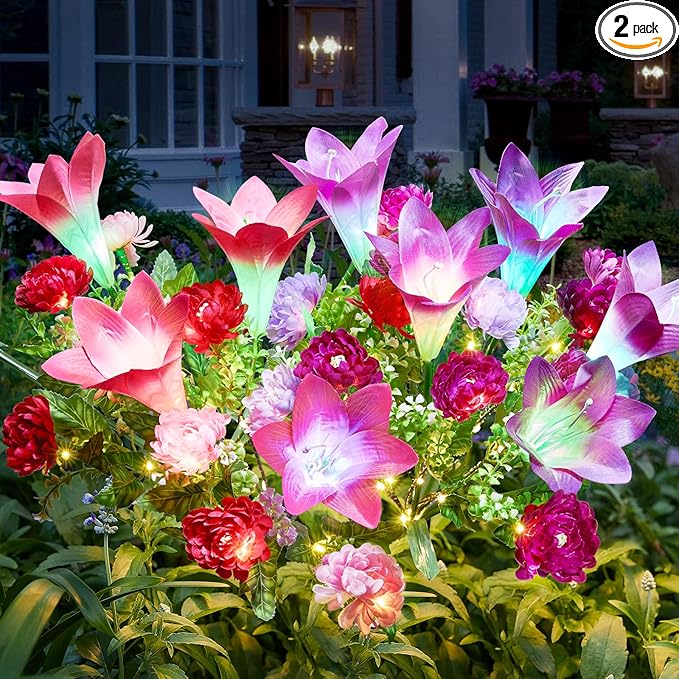Solar Flowers Lights Outdoor Waterproof, 2 Pack 2 in 1 Solar Lily Flowers Bouquet for Garden Decor, Multi LED Color Changing Garden Lights Outdoor for Pathway Yard Patio Decoration
