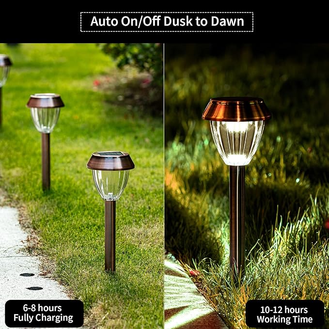 Solar Pathway Lights Outdoor Waterproof, 6 Pack Solar Outdoor Lights Bright Up to 12 Hrs, Garden Light LED Landscape Lighting Copper Stainless Steel Walkway Light, Warm White