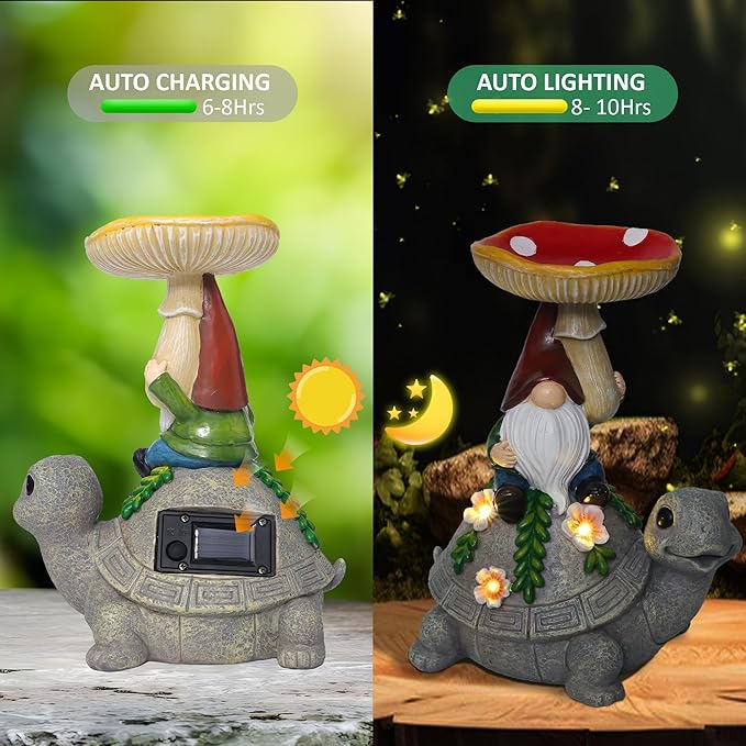 Turtle Garden Statue with Mushroom Bird Bath Outdoor Decor, Gnome Bird Feeder with Solar LED Light Waterproof for Yard Lawn Outdoor Decorations, Easter Gifts to Women Birthday Mother's Day