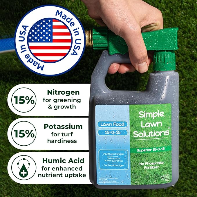 Superior 15-0-15 Liquid Lawn Fertilizer - Lawn Food for Growth & Green - Nitrogen, Potassium, Humic, Fish & Seaweed - Any Grass Type- Simple Lawn Solutions - All Season- Attached Sprayer (32 Ounce)