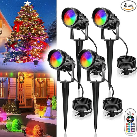 Christmas Spotlight Outdoor 12W RGBW LED Color Changing Landscape Lights with Remote Control 120V Waterproof Plug in Spot Lights outdoor Landscape Light for Tree Yard Garden Christmas, 4 Packs