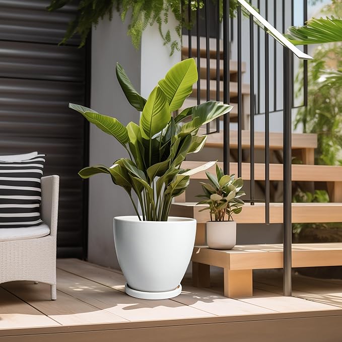 Ceramic Planter - 10 Inch Plant Pot with Drainage Hole and Tray, Flower Pot Planters for Indoor Plants, Modern Room Garden Patio Bathroom Living Room Porch Home Decor， White