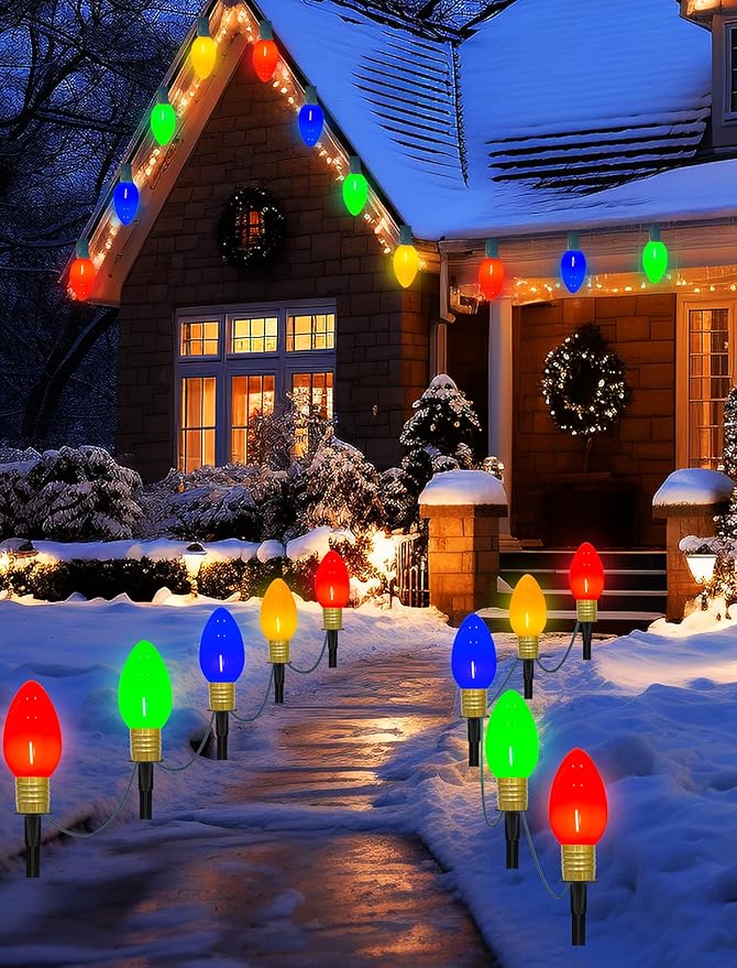 Jumbo C9 Christmas Pathway Lights Outdoor, 2Pk Total 14Ft Outdoor Christmas Decorations with 8 LED Jumbo C9 Multicolor Light Bulbs Christmas Walkway Lights for Lawn Holiday Yard Garden Sidewalk Decor