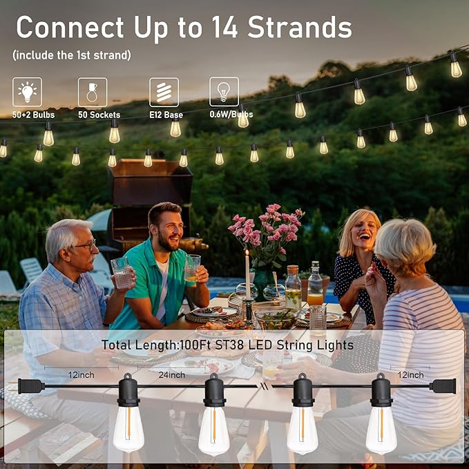 GOOTHY Outdoor String Lights 100Ft ST38 LED Patio Lights Outdoor Waterproof with 52 Vintage Edison Bulbs, Connectable Dimmable Backyard Light for Outside Backyard Porch Balcony Party Bar Decorations