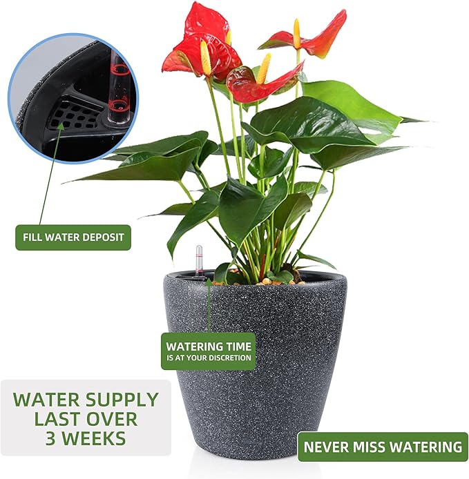 Dexceder 15x14 Self Watering Planter with Wheels Indoor Outdoor, Inner Pot Design, Thickened Large Floor Standing Flower Plant Pot with Water Level Indicator (Stone Matte)