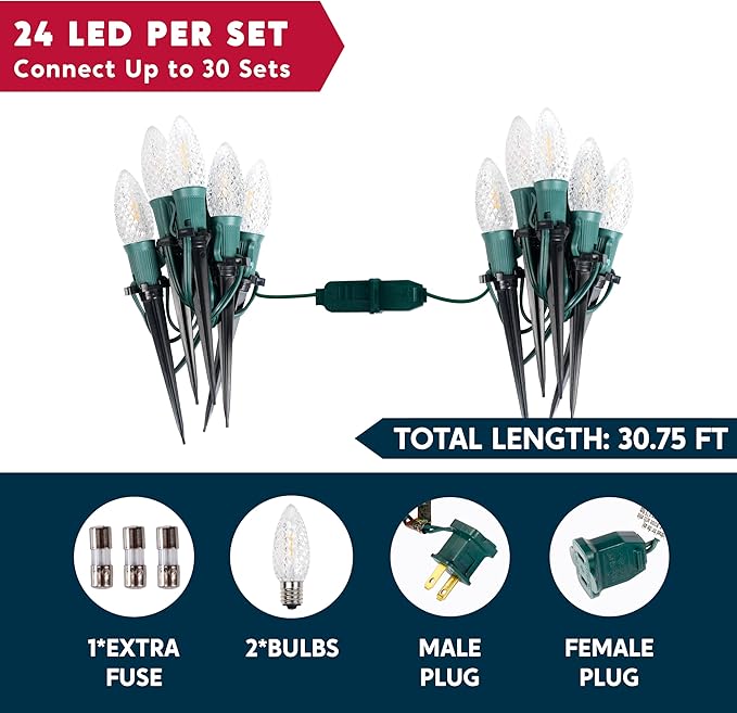 Joiedomi 30.75FT C9 Christmas Pathway Marker Lights, 24 LED Strawberry Stake Warm White Outdoor Faceted Walkway Decor with Connectable for Holiday Xmas Yard Garden Lawn