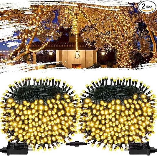 2-Pack Connectable 164FT 400LED Outdoor String Lights Waterproof, Twinkle Lights with 8 Modes, Christmas String Lights Green Wire for Holiday Party Christmas Decorations, Warm White