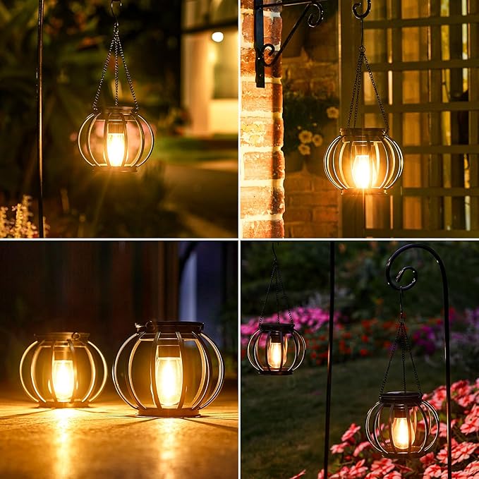 KOOPER Solar Lanterns Outdoor Lights, Upgraded Metal Solar Lantern, Brighter Hanging Solar Lights Outdoor Waterproof, Auto On/Off Solar Light for Yard Garden Patio Pathway Decor 2 Pack