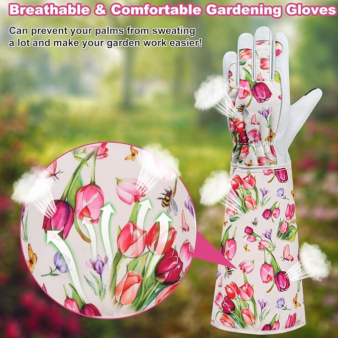 DLY Gardening Gloves for Women, Rose Gloves Gardening Thorn Proof, Long Garden Gloves for Women, Breathable Cowhide Leather Gauntlet (X-Large, White)