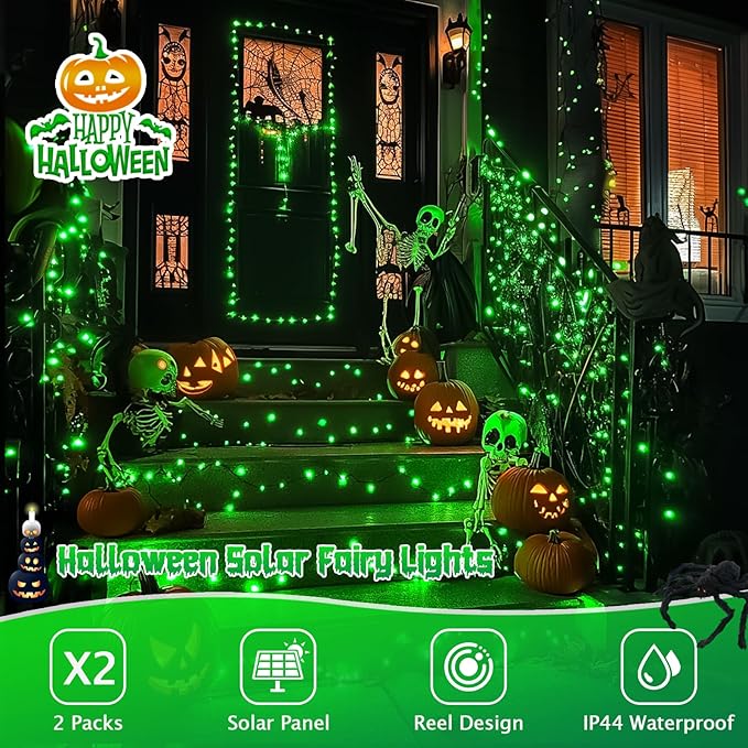 JMEXSUSS 2 Pack Green Solar Halloween Lights Each 66ft 200 LED Green Solar Lights Outdoor, 8 Modes Copper Wire Solar Fairy Lights for Garden Yard Patio Christmas Halloween Decorations