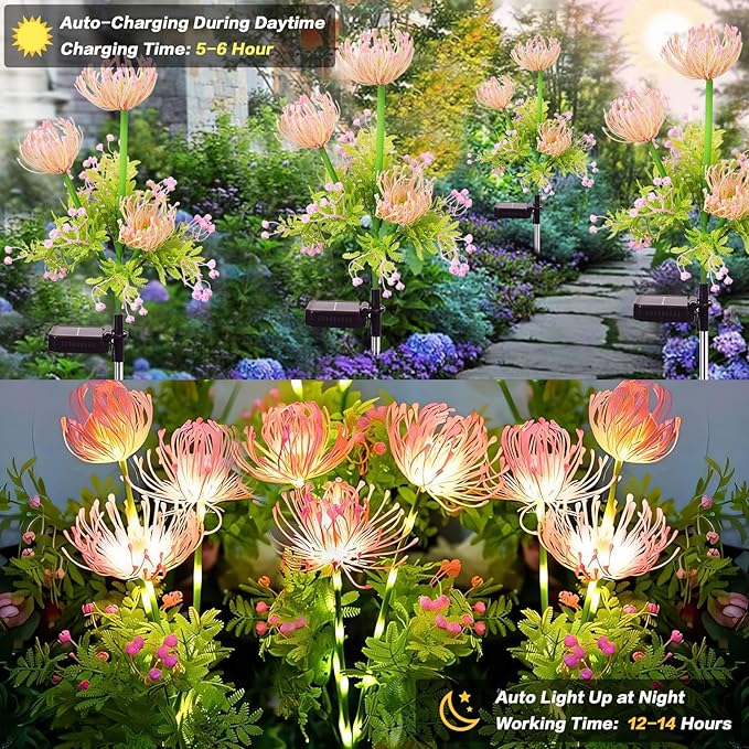 Solar Garden Lights Outdoor, 6 Pack Solar Flowers Lights,18 Head Waterproof Flower with Glowing Stems, Solar Lights Outdoor for Yard, Pathway, Garden Decor & Gardening Gift