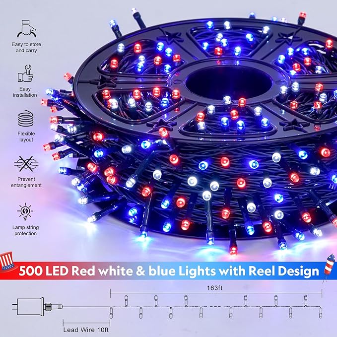JMEXSUSS 500 LED Red White and Blue Lights 4th of July Decorations, 173ft 8 Modes 4th of July Lights Outdoor, Waterproof Patriotic String Lights Plug in for Memorial Day Independence Day Holiday Decor