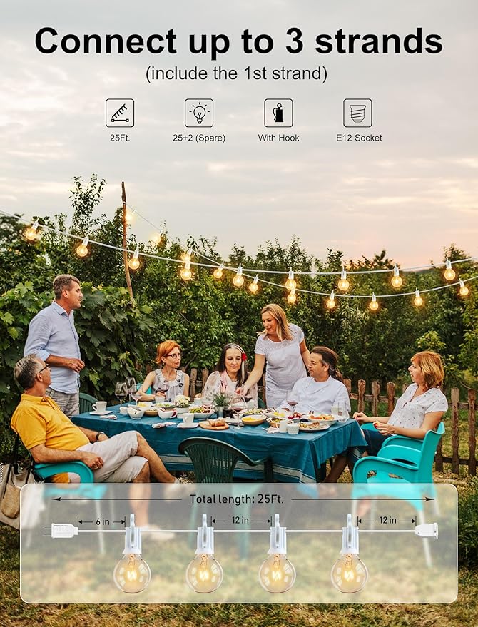 Outdoor String Light 25Feet G40 Globe Patio Lights with 27 Edison Glass Bulbs(2 Spare), Waterproof Connectable Hanging Christmas Lights for Backyard Porch Balcony Party Xmas Decor, E12 Socket Base