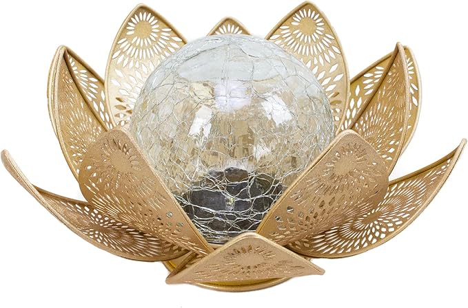 Solar Lights Outdoor Waterproof Lotus Flower Metal Yard Art Decoration Crackle Globe Glass Solar Lamp Garden Decor for Outside, Flowerbed Lawn Patio Porch Pathway Pond Decorations