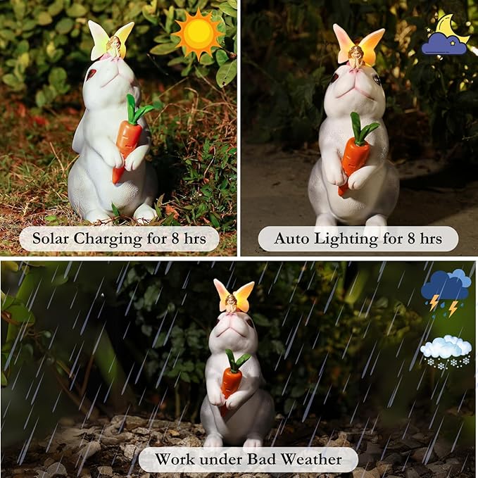 Bunny Rabbit Decor, Bunny Rabbit Statue, Solar Garden Statue for Outside, Solar Garden Yard Patio Decor, Outdoor Statue for Garden, Outdoor Decor, Gardening Gift for Women, Easter Decorations