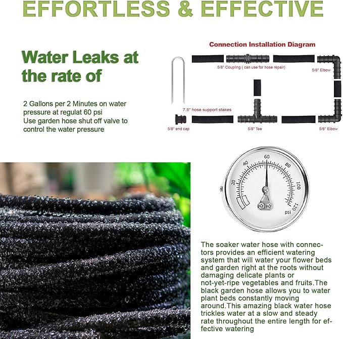 Soaker Hose with Solid Brass Connectors 150 FT for Garden Beds 1/2 Inch Rubber Longer Lasting Drip Irrigation Save 70% of Water Various Accessories Great for Lawn and Yard