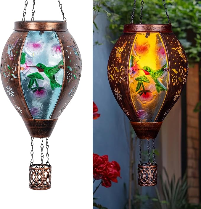 Hummingbird Hot Air Balloon Solar Lantern, Metal & Glass Flickering Flame Light Solar Lantern, Hanging Waterproof Solar Lanterns Outdoor for Garden Patio Tree Decoration