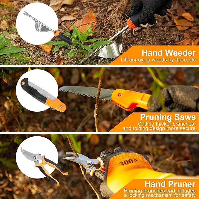 Garden Tools Set, 10 Pcs Stainless Steel Heavy Duty Gardening Tools Set with Folding Saw, Garden Hand Tools Starter Kit, Landscaping Tools, Gardening Tools Gift Sets for Women and Men