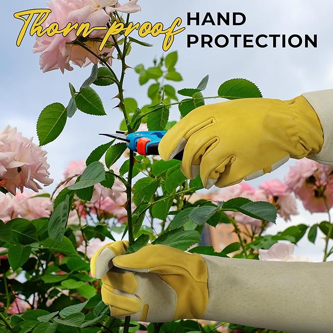 HANDLANDY Rose Pruning Gloves for Men & Women, Thorn Proof Long Garden Gloves, Gardening Gifts for Gardeners (Yellow- goatskin, Small (Pack of 1))