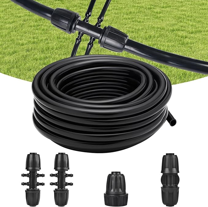 50FT 1/2 Inch Drip Irrigation Tubing Main Line Hose Tube, Drip Line Irrigation System Includes 2pcs 6-Way Connector & 1/2" Straight Connector & 3/4" to 1/2" Faucet Adapter for Garden Watering