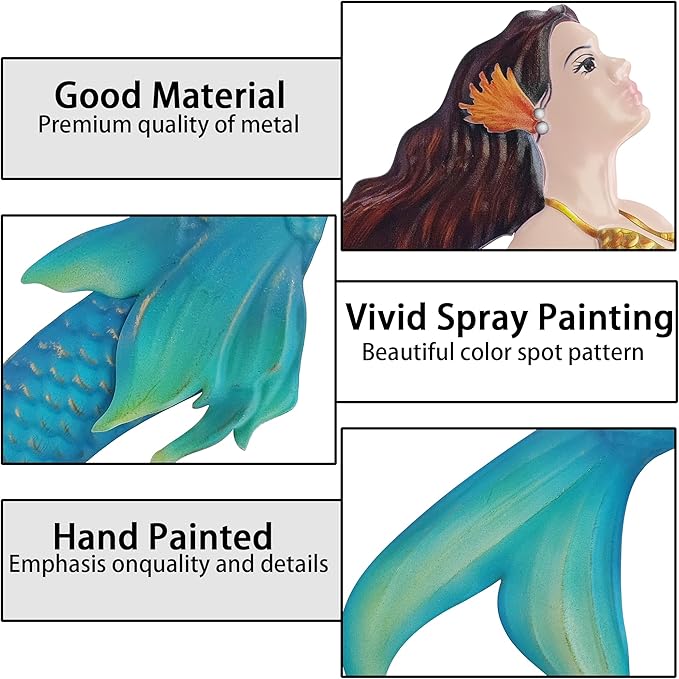John's Studio Metal Mermaid Sea Wall Decor Outdoor Garden Hanging Art Sculptures Home Ocean Theme Decorations for Kitchen Bathroom and Pool - 14.9Inches