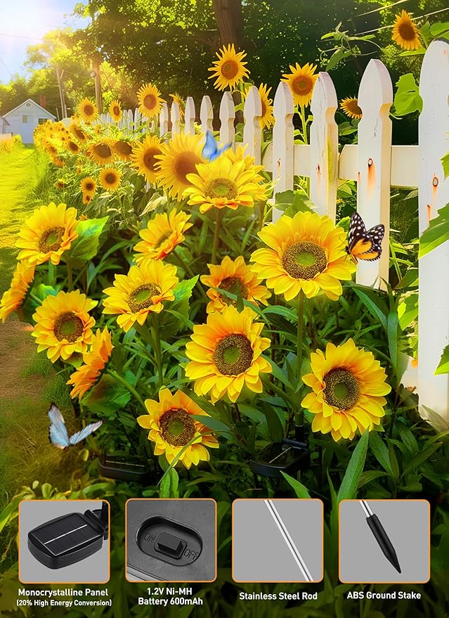 Brightown Outdoor Solar Garden Lights - 4 Pack LED Solar Flower Lights with Larger & More Realistic Sunflowers, Bigger Solar Panel, Waterproof Solar Lights for Outside Yard Patio Garden Decorations