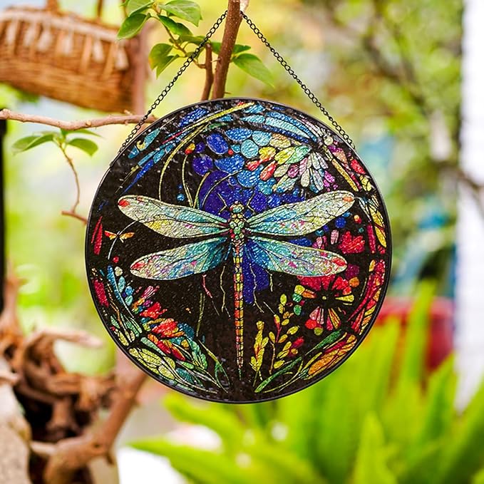 Hanging Stained Glass for Windows,20cm/7.87inch Dragonfly Hand-Painted Sun Catcher Garden Hangings Christmas Mother's Day, Valentine's Day Ornaments Festival Gift (A Style)