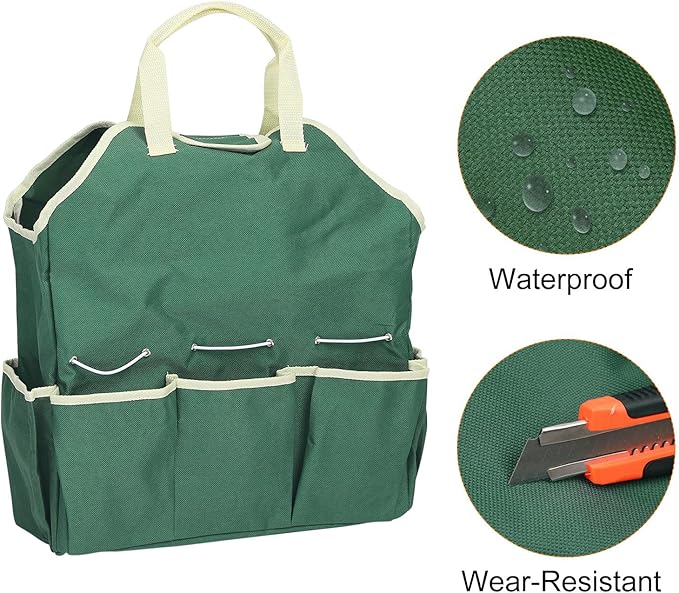 HARFINGTON Garden Tool Bag 14.6" x 5.5" x 16.5" Large Oxford Waterproof with Pockets Garden Tote Bag Gardening Plant Tool Organizer Storage Carrier Store for Outdoor Women Men, Dark Green