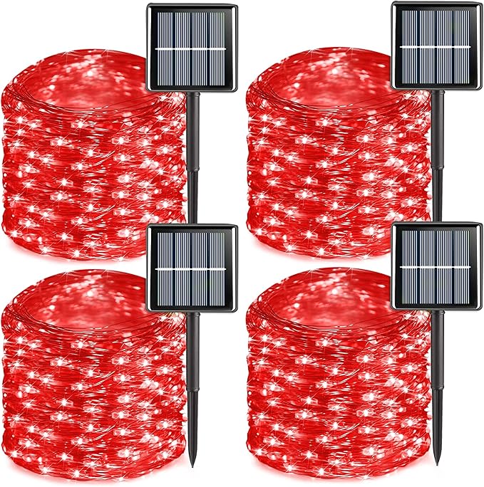 QITONG 4 Pack Red Solar Fairy Lights, Each 33ft 100 LED String Light Outdoor Waterproof, 8 Modes Silver Wire Red Outdoor Lights