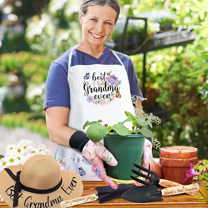 Grandma Gifts for Mothers Day, Gardening Tools Kit with Gloves Apron and Hat, Best Grandma Ever Gifts for Plant Lover, Gardening Gifts Set for Christmas, Grandma Gifts from Grandkids Grandchildren