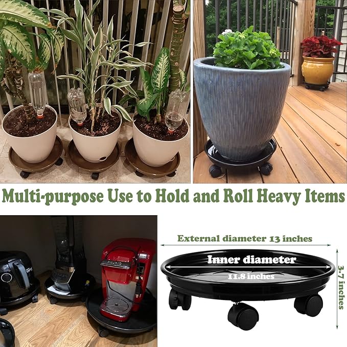 6 Packs Plant Caddy with Wheels 12" Plastic Rolling Plant Stands Heavy-duty Plant Dolly with Casters Indoor and Outdoor Plant Roller Base Large Heavy Plant Pot Saucers with Wheels Plant Movers