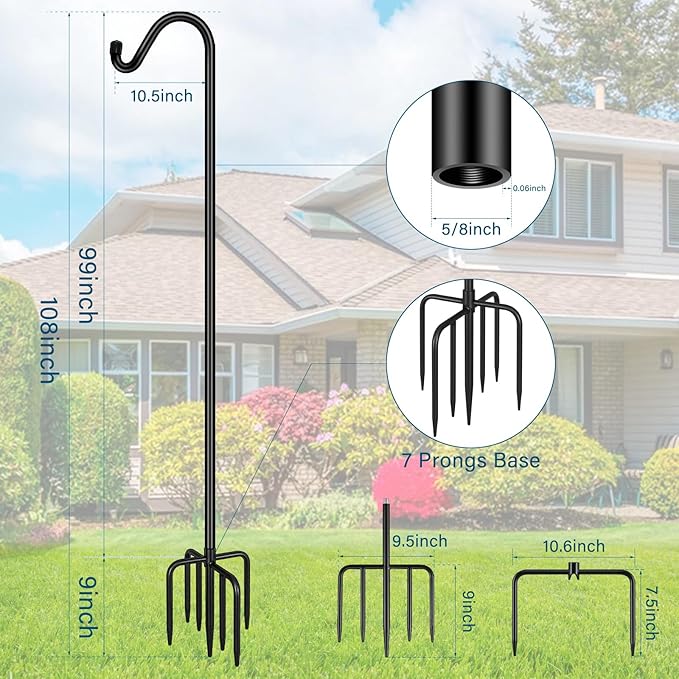 Gtongoko 2 Pack 108 Inch Tall Shepherds Hooks for Outdoor Bird Feeders, Heavy Duty Bird Feeder Pole Stand, Adjustable Hanger for Plant, Lights, Lanterns Wedding Decor with 7 Prongs Base
