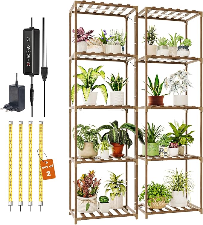Bamworld Plant Stands with Grow Lights Sets of 2 Tall Plant Shelves for Mutiple Pots Large Plant Holder for Living Room Patio Boho Home Decor for Gardening Warm Light 2pcs